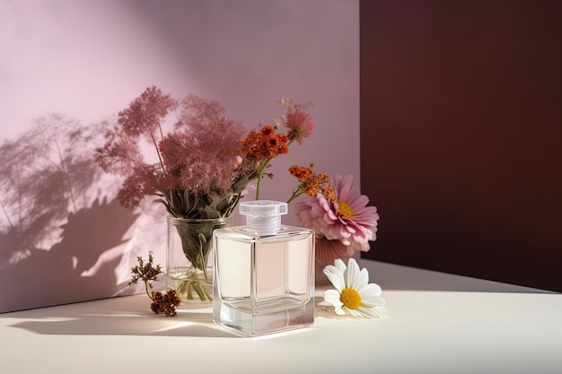 Luksusowa kosmetyczna makieta przezroczystej butelki perfum i kwiatów na gradientowym tle