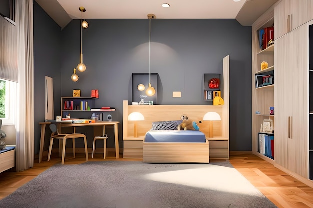Luksusowa kreatywna sypialnia dla dzieci ze stołem do nauki Pomysły na wystrój wnętrz do domu i biura