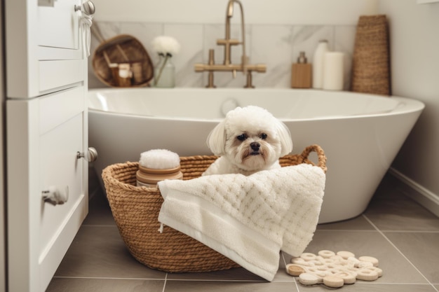 Luksusowa łazienka z wanną z pluszowymi ręcznikami i koszem zabawek dla zwierząt stworzona za pomocą generative ai