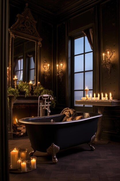 Luksusowa łazienka z wolnostojącą kąpielą i świecami stworzonymi za pomocą generatywnej AI