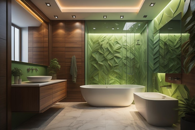 luksusowa łazienka z zielonymi ścianami, podłogą, wygodną kąpielą i podwójnym zlewem z lustrem generatywnym