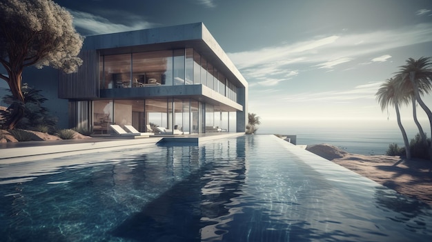 Luksusowa minimalistyczna willa mieszkalna z basenem i oceanem Al generowana