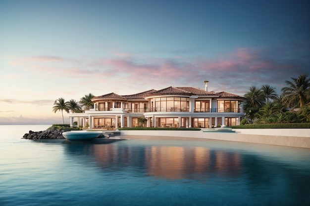 Luksusowa nieruchomość na nabrzeżu Ucieczka od wymarzonego domu Luksusowy obraz Inspiracja dla koncepcji nieruchomości Nowoczesny dom na zewnątrz Pomysł na wystrój renderowania 3D