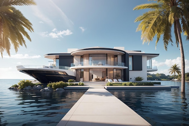 Luksusowa nieruchomość na nabrzeżu Ucieczka od wymarzonego domu Luksusowy obraz Inspiracja dla koncepcji nieruchomości Nowoczesny dom na zewnątrz Pomysły na wystrój Renderowanie 3D