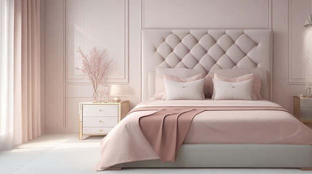 Luksusowa nowoczesna główna sypialnia w jasnych kolorach w pastelowych kolorach renderowania 3d
