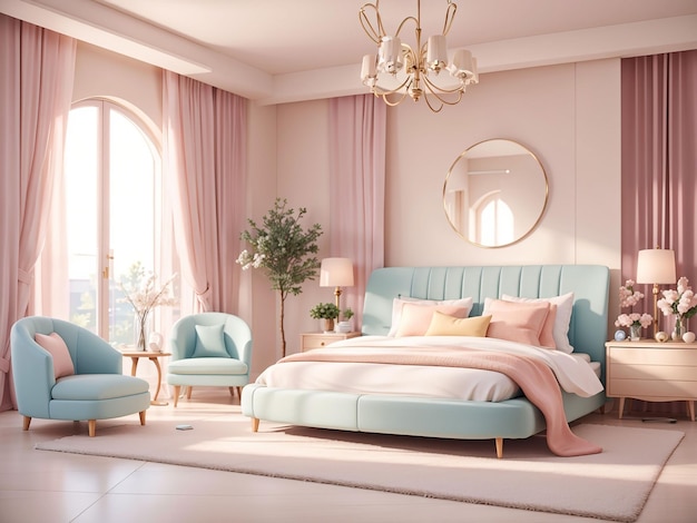 Luksusowa nowoczesna sypialnia główna w jasnych kolorach w pastelowych kolorach renderowania 3D