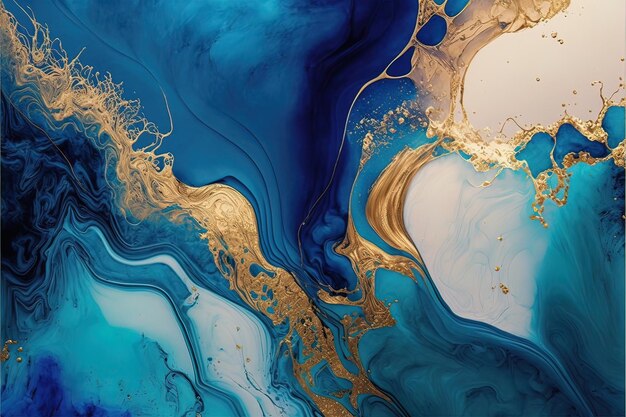 Luksusowa płynna sztuka w złotym i niebieskim malowaniu Rozwody i fale mieszające kolory