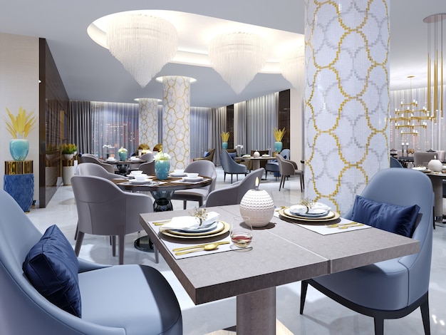 Luksusowa restauracja hotelowa w nowoczesnym stylu z kolorowymi meblami. renderowania 3D.