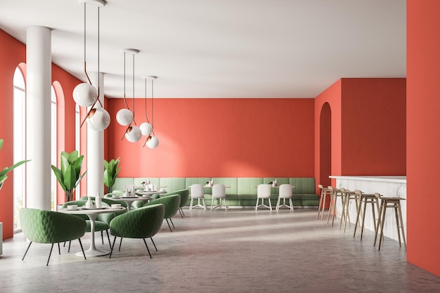 Luksusowa restauracja z zieloną sofą z czerwonymi ścianami, dużymi łukowatymi oknami i kolumnami. Bar po prawej stronie. Makieta renderowania 3D