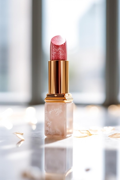 Luksusowa różowa szminka w złotej tubie na marmurowym kosmetyku kosmetycznym i luksusowym produkcie do makijażu generatywnego ai