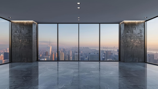 Luksusowa sala spotkań z panoramicznym widokiem na miasto i pustą szarą ścianą Prezentacja i koncepcja korporacyjna