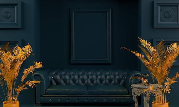 Luksusowa sofa w stylu vintage otoczona pomarańczowymi palmami