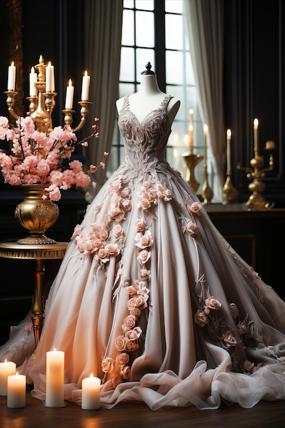 Luksusowa sukienka ślubna na manekinie w atelierze