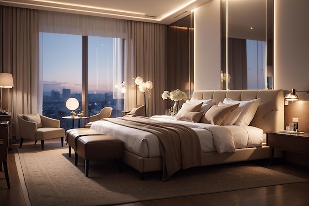 Luksusowa sypialnia hotelowa oświetlona nowoczesnymi lampami