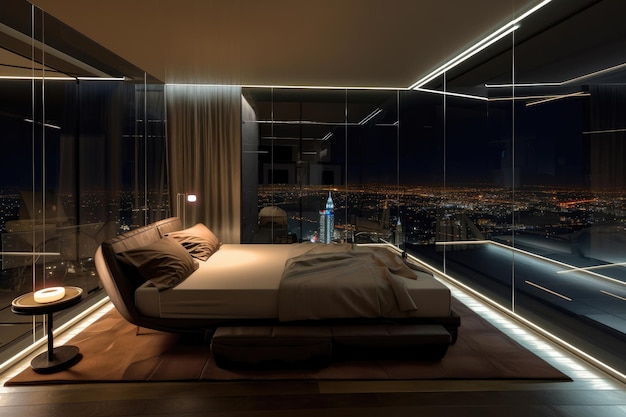 Luksusowa sypialnia na najwyższym piętrze w nocy Generacyjna sztuczna inteligencja