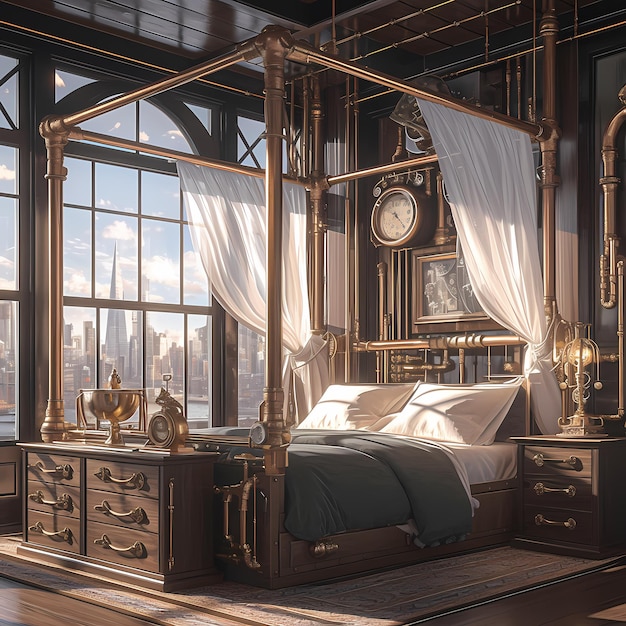 Zdjęcie luksusowa sypialnia steampunk z wspaniałym widokiem na miasto