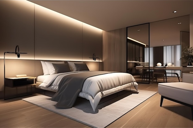 Luksusowa sypialnia w jasnych kolorach ze złotymi detalami mebli Duże wygodne podwójne łóżko królewskie w eleganckim klasycznym wnętrzu Generative AI