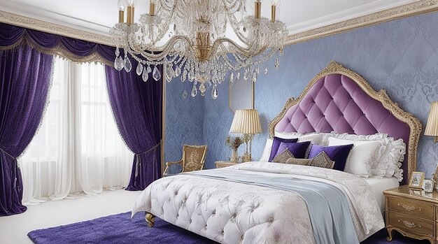 Luksusowa sypialnia z pluszową aksamitną narzutą i efektownym kryształowym żyrandolem