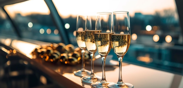 Luksusowa wieczorna impreza na pływającym jachcie przy szampańskiej oprawie Kieliszki do szampana i butelki z szampanem z bokeh jachtem w tle nikt AI Generative