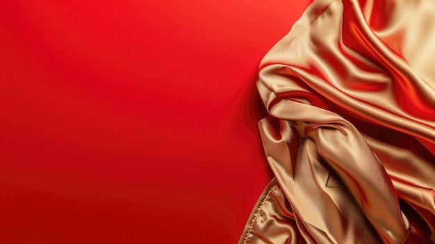 Luksusowa złota satynowa tkanina elegancko drapowana na żywym czerwonym tle