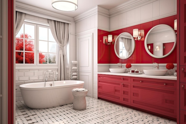 Luksusowe białe i czerwone wnętrze łazienki