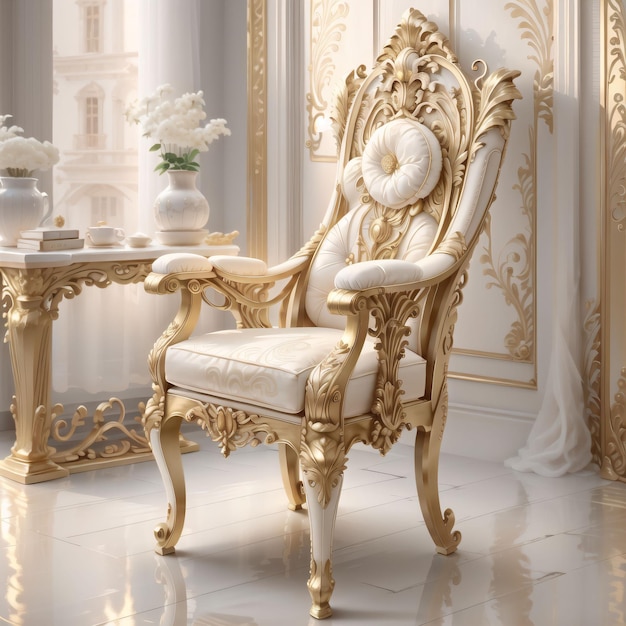 luksusowe białe krzesło ze złotymi detalami