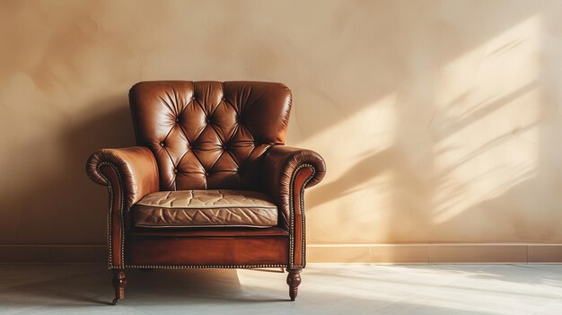 Zdjęcie luksusowe, brązowe, skórzane krzesło na beżową ścianę.
