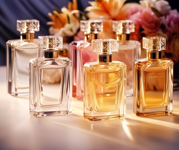 Luksusowe butelki z zapachami w zapachachu w prezentacji wydarzenie na zamówienie sprzedaż produktów perfumeryjnych i kosmetycznych generatywny ai