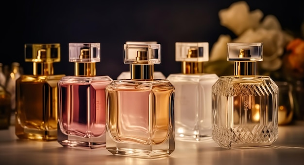 Luksusowe butelki z zapachami w zapachachu zapachu w wydarzeniu prezentacyjnym na zamówienie sprzedaż produktów perfumeryjnych i kosmetycznych po przetworzeniu generatywny ai