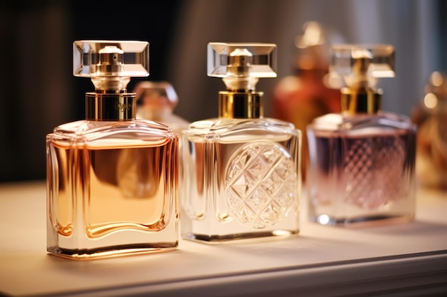 Luksusowe butelki zapachowe o zapachu perfum podczas prezentacji sprzedaży perfum i kosmetyków na zamówienie, przetworzonej, generatywnej AI