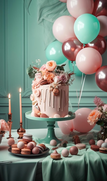 Luksusowe ciasto i balony Słodycze Klasyczne wnętrze z ozdobami Generative Ai