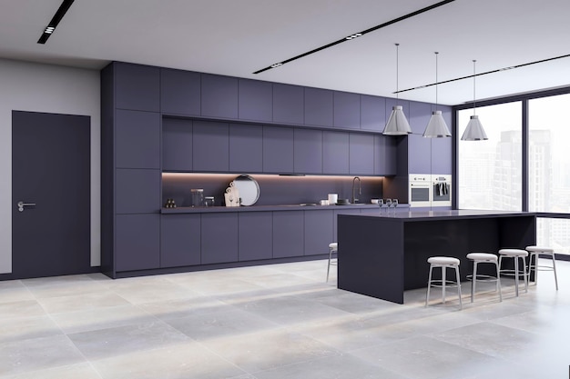 Luksusowe ciemne wnętrze kuchni z betonową podłogą i oknem z widokiem na miasto Renderowanie 3D