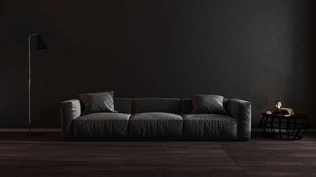 Luksusowe ciemne wnętrze salonu z szarą sofą