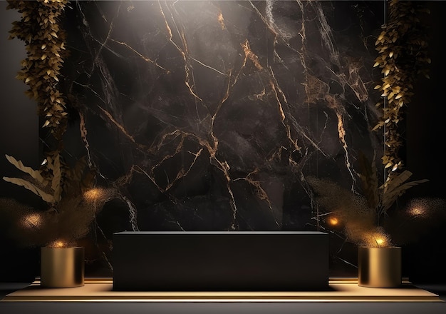 Luksusowe czarno-złote okrągłe podium i pionowe złote paski tła Abstrakcyjny kształt 3D do wyświetlania produktów reklamowych Minimalna sala studyjna sztuczna inteligencja generatywna