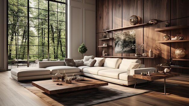 Luksusowe eleganckie wnętrze nowoczesnego salonu drewniana ściana z kanapą i stolikiem kawowym stworzonym za pomocą generatywnej sztucznej inteligencji
