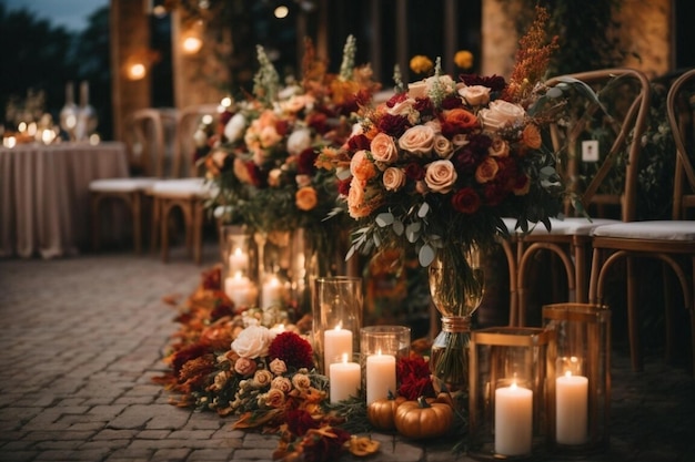 Luksusowe elementy wystroju ślubnego z kwiatami i świecami na nocną ceremonię na świeżym powietrzu