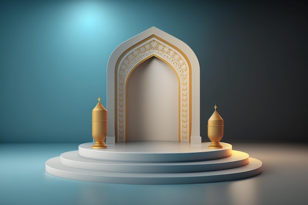 Luksusowe i eleganckie podium 3D o tematyce islamskiej do wyświetlania produktów, podium Ramadan. Wygenerowane przez sztuczną inteligencję