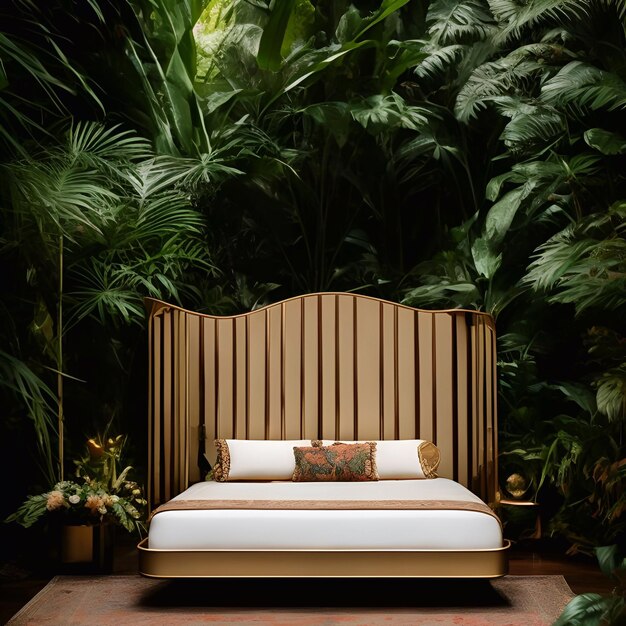 luksusowe łóżko w lesie deszczowym kinematograficzne i szeroka łąka światło dzienne generatywne ai