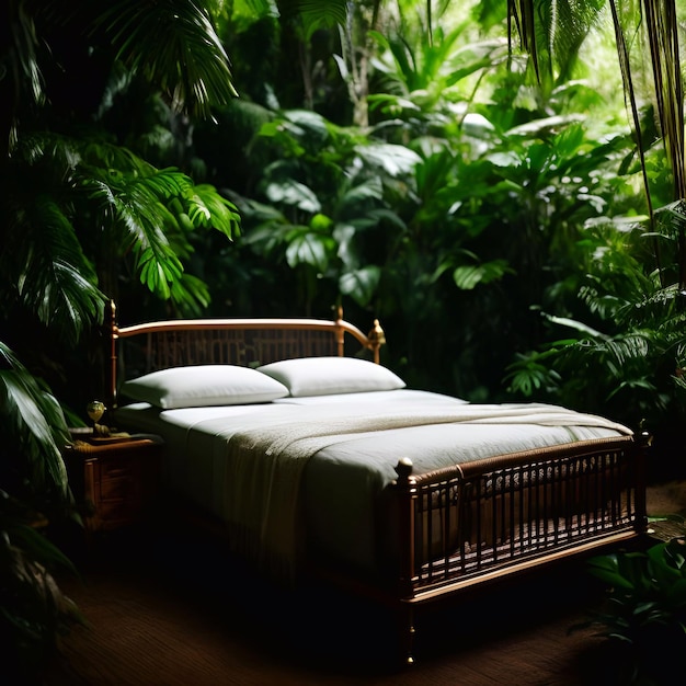 luksusowe łóżko w lesie deszczowym Kinowe i generatywne światło dzienne na szerokiej łące