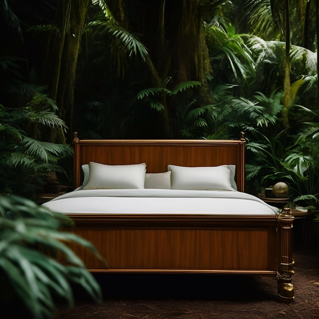luksusowe łóżko w lesie deszczowym Kinowe i generatywne światło dzienne na szerokiej łące