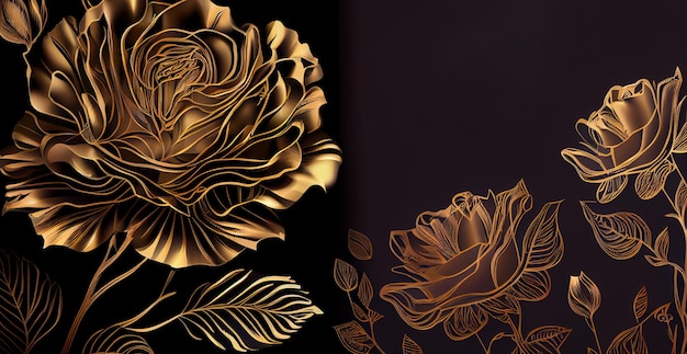 Luksusowe luksusowe tło VIP ze złotymi liniami artystycznych kwiatów i liści botanicznych Obraz generowany przez AI