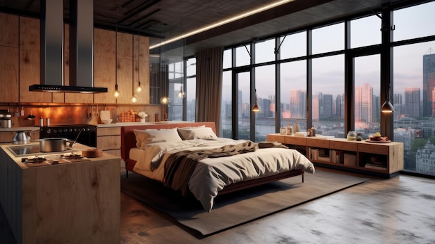 Luksusowe mieszkanie studio w stylu loft z wolnym układem w ciemnych kolorach stylowa nowoczesna kuchnia przytulne łóżko