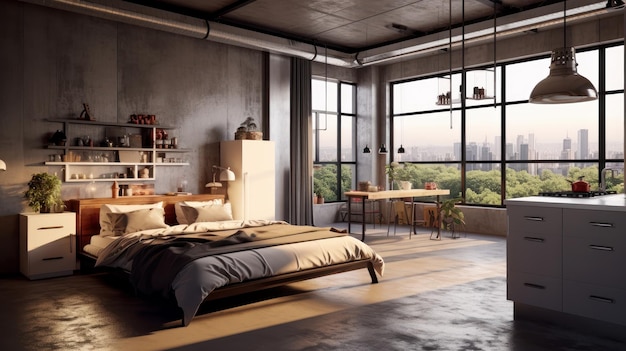 Luksusowe mieszkanie typu studio w stylu loft z wolnym układem w ciemnych kolorach Stylowa nowoczesna kuchnia przytulna sypialnia podłoga strop okna z wspaniałym widokiem na miasto rendering 3D