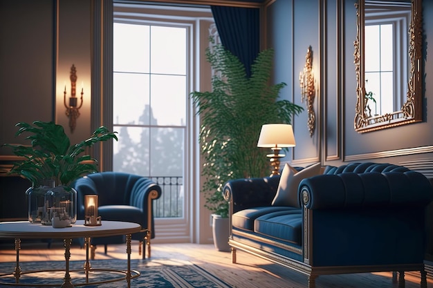 Luksusowe mieszkanie w oszałamiającym mieszkaniu z niebieskimi meblami Generative AI