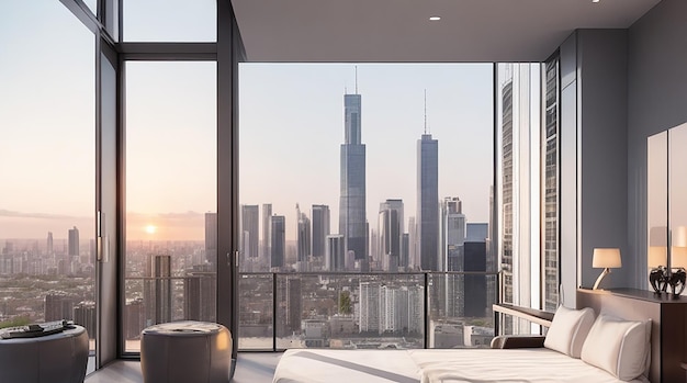Zdjęcie luksusowe mieszkanie w sercu miasta, nowoczesny apartament w wieżowcu ze wspaniałym widokiem na panoramę miasta
