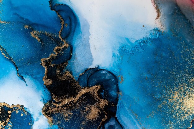 Luksusowe niebieskie abstrakcyjne tło marmurowego malarstwa płynnego tuszu na papierze