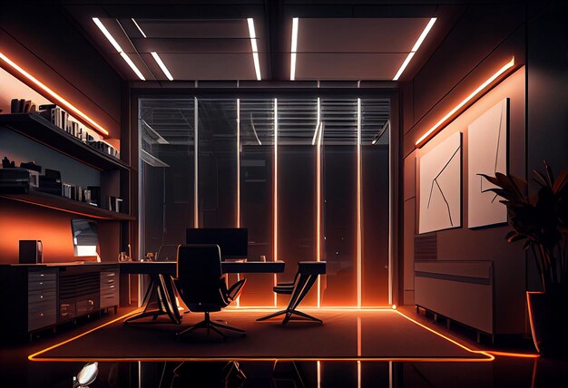 Luksusowe nowoczesne wnętrze biura z neonowymi oświetleniami