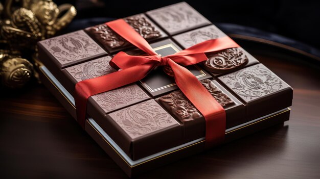 Zdjęcie luksusowe opakowania pudełka czekoladowe z satynową wstążką na ciemnym tle asortyment asortyment