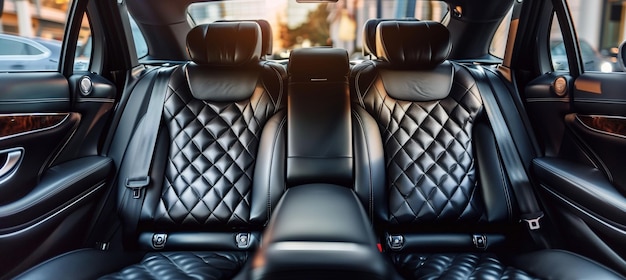 Luksusowe przednie, czarne skórzane tylne siedzenia pasażerów w nowoczesnym, stylowym luksusowym samochodzie.