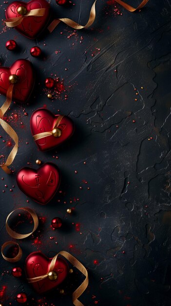 Zdjęcie luksusowe pudełka w kształcie serca i złote wstążki na ciemnym tle